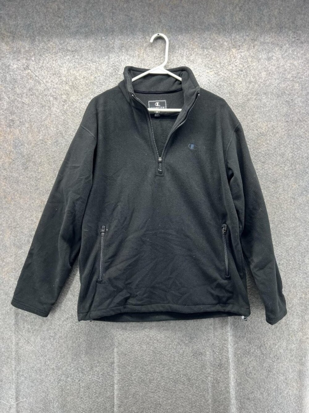 Champion Sweatshirt Mens Medium Black 1/4 Zip Fleece Pullover Zip Pockets Y2K
